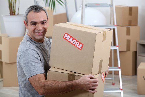 Packed office equipment and furniture ready for transport in Shoreditch