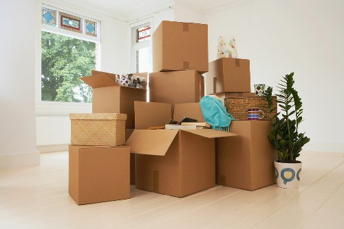 Packed boxes and furniture ready for transport in East London