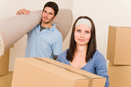 Office furniture and boxes arranged for a Shoreditch commercial move