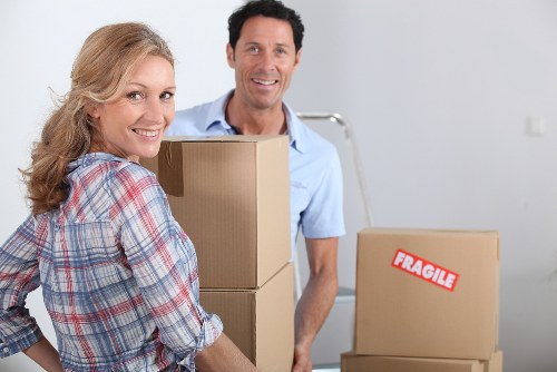 Packed boxes and furniture ready for a home move in Shoreditch